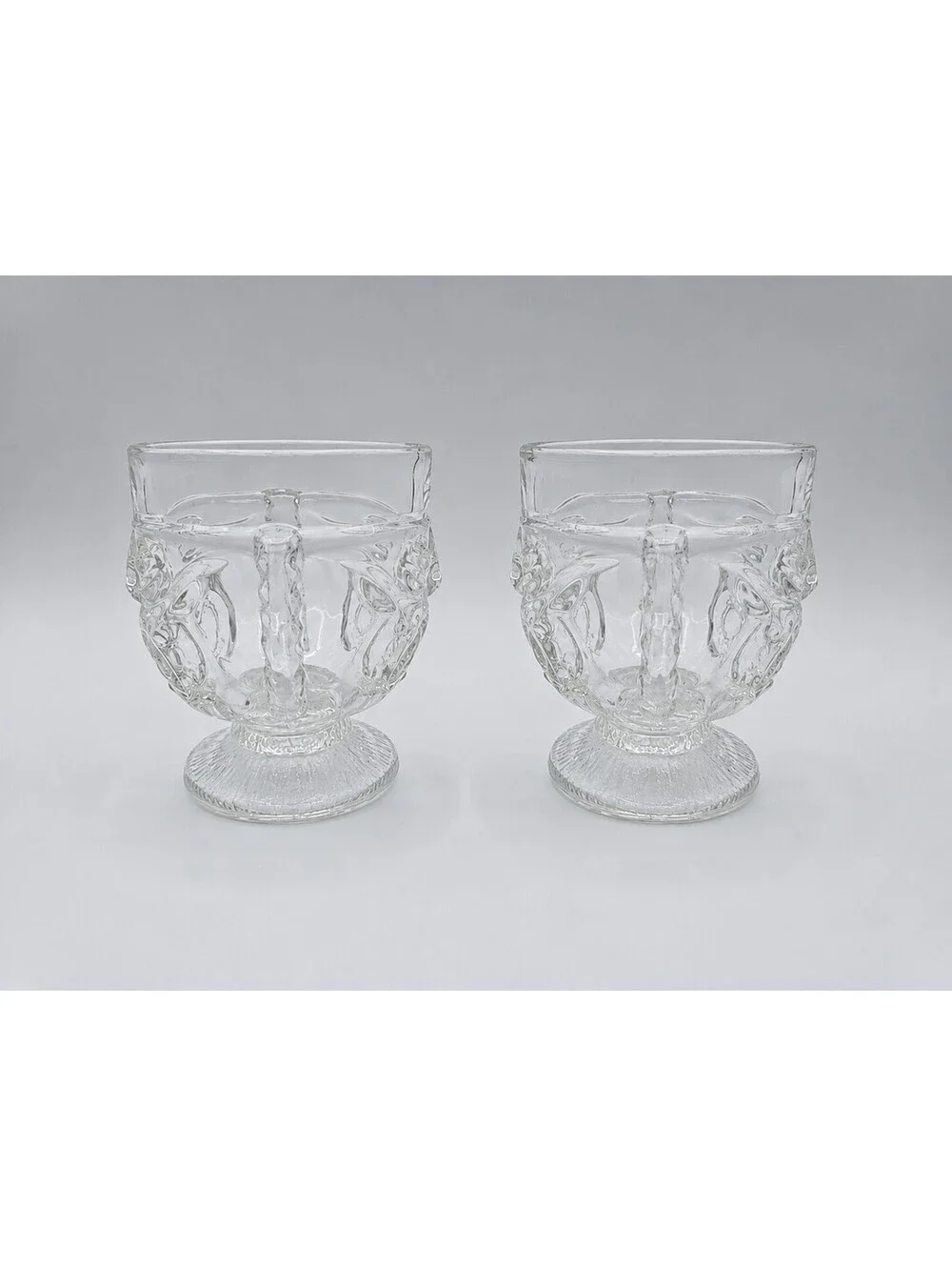 Vintage Indiana Glass Tiki Face Clear Footed Goblets Set of 2 Barware 1970s
